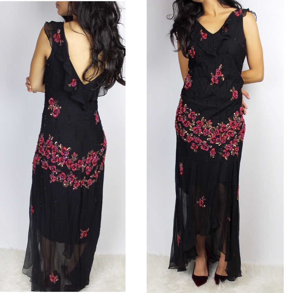 Danza Silk Floral Beaded Hi Low Dress VNeck Ruffle - Picture 2 of 8